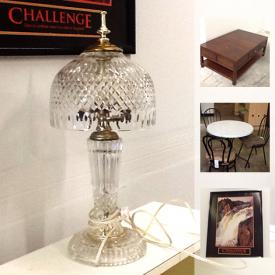 MaxSold Auction: This online auction includes collectibles such as vintage crystal lamp, furniture such as display cabinets, wooden storage table, French Provincial style chaise, and vintage floor lamp, patio umbrella set, framed paintings, tabletop fountain and much more!