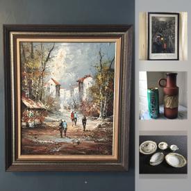 MaxSold Auction: This online auction includes collectibles such as vintage bone china, German vases, and art glass, art such as original paintings, signed prints, and photography, display cases, lamps, Persian rug, antique mirrors, signed cookbook, luggage and much more!