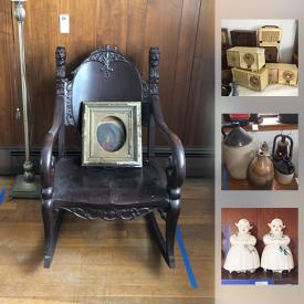 MaxSold Auction: This auction features Vintage Rocker, Vintage and Mid Century Clock Radios, player piano music scrolls, antique meat grinder, Antique Stoneware Whiskey Jugs, Oil Lamp, Lantern, antique cameras, Antique brass music stand, and much more!