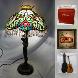 MaxSold Auction: This online auction features ANTIQUE: Pipe box, fold-out laundry drying rack, figural lamp, Mongolian saddle frame on stand, "White Flame" mercury reflector on iron wall sconce for oil lamps, fire extinguisher, lead/stained glass window, Art Nouveau/Arts and Crafts mail slot and more! VINTAGE: Coke Cola cooler and bottles; Ephemera - WWI and WWII framed newspaper front pages, medals/badges/insignia; Orange Crush lighted clock; Hurricane lamps, signal lanterns; cocktail glasses in carrier; Chinese soy sauce jugs; MC style enamel bowl by Margaret Greaves and MC chairs. COLLECTIBLE: Tins; cars and trucks; Moorcroft vase and more! MUSICAL INSTRUMENTS: Acoustic Takamine & Co. guitar and case, vintage Oxford trombone in case and much more!