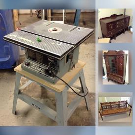 MaxSold Auction: This online auction features POWER TOOLS: Bolton tile saw, Delta router on stand, Busy Bee Drill press and stand, c 40 Edge bander, Rubric pallet mover, General International grinder on stand, Sears Bench grinder, Makita air tools plus more! FURNITURE: Walnut dining table, 6 chairs, buffet and china cabinet; metal bistro set; leather Pottery Barn chair; leather look sofa; carved wooden bench; patio lounge chairs; office chairs and desk and more! Sentry safe with key. Selmer tenor saxophone. ELECTRONICS: HP all - in - one computer, i Robot Roomba, LG 26 " TV, Dell monitor, Xerox WorkCentre and more! ART: Framed needlepoint; limited edition prints by artists Mary Sweeney and T. Isaac. COLLECTIBLE: Waterford golf paperweight; Royal Doulton figurines. JEWELRY: Swarovski bracelets, Ila Sophia earrings, 10K gold necklace, sterling silver bracelet and earring set; Cross pen and pencil set. APPLIANCES: Danby bar fridges; window air conditioners and much more!