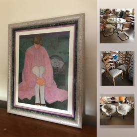 MaxSold Auction: This online auction features ART: "White Stockings" signed lithograph by Barbara Woods, Black and white photo prints by artist Rachel A. Zare, Limited edition prints, Heddy Kun original oil painting and poster, Japanese prints and more! FURNITURE: Bedroom - Headboard with storage and matching side cabinets; solid maple dresser; MCM - Four drawer side table, dining room table, floor lamp; 41" glass and wood table with 4 cane back, chrome cushioned chairs; outdoor metal patio pieces and more! Yamaha piano. ELECTRONICS: Stereo components; NIB Insignia 19" HDTV and DVD combo; Brother sewing machine. GLASS/CRYSTAL: Signed art glass; cut/pressed serving pieces. Silver plate. CHINA/CERAMICS: Fiesta-ware; Italian hand painted terracotta dishes and serving pieces. COLLECTIBLE: Pyrex; vintage dishes. VINTAGE: Raleigh bicycle. LAWN AND GARDEN: Dr Whisper Lite cordless electric lawn mower, Craftsman snowblower, tools, supplies and much more!