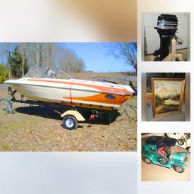 MaxSold Auction: This online auction features a 1975 Glastron ski boat with trailer; 85 HP outboard motor; 2 boat anchors. ANTIQUE: Spring rocker; books; framed script; painting signed AE Truman c 1915. VINTAGE: Baseball uniform; Lionel train set; train cars; kitchenware; tin/die cast cars; stoneware jugs; dresser sets. JEWELRY: 10K gold and diamond ladies ring, men's band; sterling chains and rings; costume. ART: FOX HUNT TAPESTRY; vintage prints; framed tile paintings; HOSELTON FIGURES. GLASS.CRYSTAL: Carnival glass; pinwheel and cornflower; Arcopal kitchenware. CHINA: Child's tea set. COLLECTIBLE: Stamps; antique and vintage coins; plates; HOCKEY SPORTS FIGURES AND CLOTHING; dollhouse; Avon; Lesney and Matchbox cars and much more!