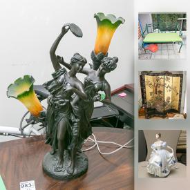 MaxSold Auction: This online auction features Outdoor Table, Metal Bench, Asian Style Folding Screen, Royal Doulton Figurines, glass apples, Myott Royal Mail China Set, Coffee Table, LPs, Art Nouveau Repro Table Lamp, Art Glass Table Lamp, Trolley, Clock and much more!