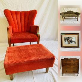 MaxSold Auction: This online auction features ANTIQUE: East lake chair, two parlour chairs. FURNITURE: Mirrored door blonde oak armoire/dresser; bars tools; chest of drawers; side tables; upholstered chairs. ART: 1981 Robert Buteman print; framed pictures and much more!