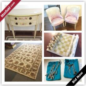 MaxSold Auction: This auction features Bar Stools, Swivel Chair, English Bone China, Brass, Area Rug, Marble Chess Set, Record Albums, Crystal, Antique Décor Items, Settee, Precor Treadmill, Books, Gerhard Heintzman Piano And Bench, Retro Chair, Wedding Dress, Hudson's Bay Blanket, Thornton-Smith Half Moon Table, Mink Lined Coat, Original Artwork, Sterling Silver and more!