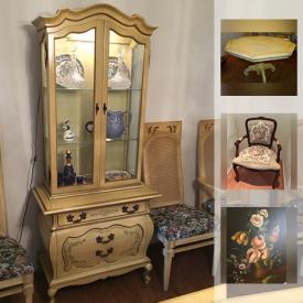 MaxSold Auction: This online auction features Vintage Chair, Painting, Dining Chairs, Octagonal Pedestal Table, Lighted Two Piece Hutch, Waterford crystal pitcher, stool and much more!