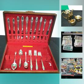 MaxSold Auction: This online auction features COLLECTIBLE: Coins, currency, reference books and more! Comics; stamps; souvenir spoons; post cards. Gold colored demitasse set. Wedgwood "Lichfield" dessert/tea set. Sports items. Sterling handled pie server. Jewelry: Sterling, costume. And more!