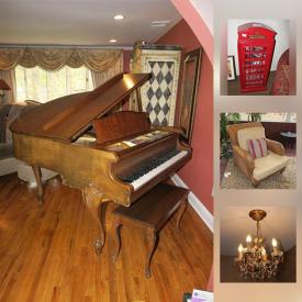 MaxSold Auction: This online auction features a baby grand piano, Lenox china, furniture, dining room chairs, small kitchen appliances, decanters, settee, greenery, light fixtures, area rugs, candlesticks, mirrors, wall art, rattan chairs, faux plants, husky ladders, holiday decorations, bikes, corner desk, computer monitors, humidifier, dog door, folding chairs, storage shelf for kids, concrete pots, xerox machine and much more!