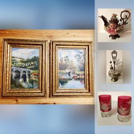 MaxSold Auction: This online auction features ART: Original oils and watercolour, framed needlepoint, clay bust, vintage birchbark by Napco, vintage prints, vintage c 1968 "nail art." ANTIQUE: 2 pieces architectural fence pieces; Cruet set; ceiling fixture; Ruby etched stemware. COLLECTIBLE: Capodimonte; figurines; sports memorabilia; Paint by number; Beatles; Toys/games; Eaton catalogs; tea cup sets. VINTAGE: Pendant lamps; enamelware; oil lamps; suitcases; china and much more!