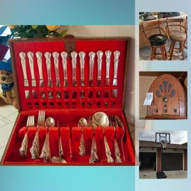 MaxSold Auction: This online auction features STERLING SILVER: Gorham flatware set. FURNITURE: Dining room - Retro table, 6 chairs and china cabinet; credenza; L-shaped desk; brass and glass curio cabinet; Bedroom - California king headboard, 6 drawer dresser; patio. ELECTRONICS: Pioneer stereo system, Panasonic Blu Ray home theater system, vintage Bell & Howell console TV. GLASS/CRYSTAL: Milk glass, Gorham brandy snifters, ruby goblets, Marigold Carnival footed bowl. CHINA: Heinrich "Greek Key" dishes and serving pieces; Seagull, China Christmas dishes. COLLECTIBLE: Limited edition Elvis phone; Emmett Kelly clowns; Pyrex; Ephemera - signed presidential photo; BEANIE BABIES; Teddy Bears. ART. SPORTING GOODS: Lifetime freestanding basketball hoop. Yard and Garden. Lifestyler Cardio Fit Machine. Vintage: Sausage maker; cameras and much more!