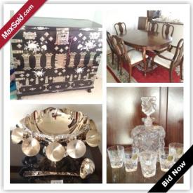 MaxSold Auction: This auction features Traditional Dining Room Table, Dining Room Sideboard And Hutch, Marble Decor, Black Mother Of Pearl Inlay Vase, Black Leather Sofa, Black Lacquer Mother Of Pearl Inlay Furniture, Crystal, Silver Plate, China, Amethyst, Artwork, Fur Coats, Selection Hand Bags, Vintage Coleman Cooler, Ladies Golf Set and more!