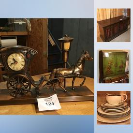 MaxSold Auction: This online auction features Clean Mist Smart Humidifier, Horse and Carriage electric Clock, Luggage, Art, Serving Ware, Wood Cabinet, Rattan tables, wood and rattan coffee table, Fireplace, and much more!