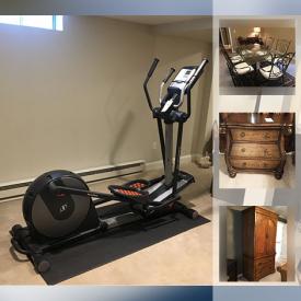 MaxSold Auction: This online auction features a NordicTrack elliptical, generator, bespoke furniture, oriental rug, bakers rack, decorative items, beds, wicker furniture, dishware, kitchen items, filing cabinet, shop vac, lawn decor, bird bath, trimmer and much more!