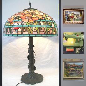 MaxSold Auction: This online auction features vase, oil painting, vintage green Singer sewing machine, stained glass lamp, steamer trunk, cast iron mermaid, Limoges, dollhouse kit, art glass, llama, candleholder, reading lamp, moving eyes wall clock, unused wood matchboxes, earrings on card, Chinese perfume bottle, sectioned tray, cranberry glass, austrian lamp, Bunnykins, scuttle, pink glass, vintage Pyrex and much more!