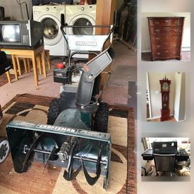 MaxSold Auction: This online auction features a snowblower, grandfather clock, chairs, bookshelf, lawnmower, couch, vases, runner rugs, bakeware and dishware, vases, dining table, armoire, tall dresser, bed frame, heat lamp, waste basket, futon, metal bench, leather office chair, grill, shovels and more!