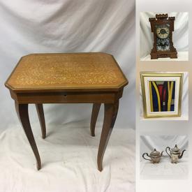 MaxSold Auction: This online auction features Wood inlaid ornate, Gilbert model antique dresser clock “Puck”, Framed acrylic on canvas, Belgian cast iron cooking pot, Silver plated French tea and coffee pot, Transparent geode crystal, Two Oil Lamps, Small Maple Dropleaf Side Table, Small Painting on Canvas Signed E. Ross-Smith, "Nude", Italian Murano glass sculpture of a cockatoo and much more!