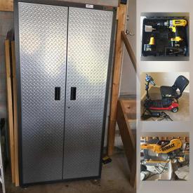 MaxSold Auction: This online auction features POWER TOOLS: DeWalt like new power tools - Compound saw, Orbital saw, Hammer drill, Plate joiner, Volt drill; Ryobi scroll saw; Delta disk sander, Stanley mitre box; tools, tool belts; MANY DOLLIES; ladders and more! FURNITURE: Hoosier style cabinet; 3 bedroom suites; several dining tables and chairs sets; CHURCH PEWS; OFFICE - Desks, stacking tables, wall dividers, bookcases, office chairs; many coffee/end table sets. UNUSUAL: Childrens puppet show/store stand. COLLECTIBLE: Royal Doulton and Hummel figurines; Pewter; silver plate; Punch bowl set. CHINA: Wedgwood; Johnson Bros; Early Franklin c1840's dishes. CAMPING EQUIPMENT. Large floor safe. YARD AND GARDEN: Husqvarna lawn mower, chain saw, Whipper Snipper and more! GARAGE: Gladiator storage units. FOR KIDS: Toys, jr size Lynx golf clubs and more! ELECTRONICS. HANDMADE: Quilt wall hanging. VINTAGE: Etched wall mirror, hankies and aprons. ART. PRIDE MOBILITY SCOOTER and much more!