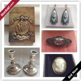 MaxSold Auction: This auction features Sterling Silver Candle Sticks, Victorian Silver Card Case, Carved Figural Dog, Sterling Moonstone Brooch, Silver Earrings, 18k Gold Amethyst Pendant, Victorian Brooch, 14k Gold Amethyst Bracelet, Large 10k Gold Heart Locket, Tiffany Sterling Silver Figural Tray and more!