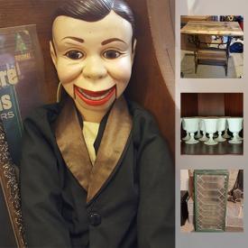 MaxSold Auction: This online auction features ANTIQUE: c 1700's bucket; croquet set; sad iron. VINTAGE: Leaded glass framed windows; Charlie McCarthy doll; buttons; Mid-Century Coke trays; planters; rocking chair; RC Cola lighted clock; doll and baby clothes; camera bag and contents. GLASS: Milk glass - 12 goblets, 12 punch cups, 2 pitchers, snack plates; Cobalt Fenton "Valencia Colonial Blue much more!