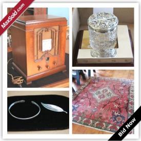 MaxSold Auction: This auction features Dining Table and Chairs, Vintage Radio, Mahogany China Cabinet, Books, Eastlake Dresser, Rugs, Settee, Fur Coat, Silver plate, Murano Glass, Mahogany China Cabinet, China, Sterling Silver, Crystal, Artwork, Coins and Stamps, Costume Jewellery, Gold and much more!