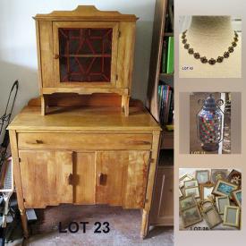 MaxSold Auction: This online auction features ANTIQUE: C 1880 red and white quilt; c 1871-1900 washstand. STERLING SILVER: c 1935 Gorham hurricane candle holders. FURNITURE: PINE- Hanging and standing cupboards, small bench; MAPLE hutch and dresser; c 1920-1930 dining room cabinet. TEXTILES: Several lots of mixed table and bed linens including a chenille bedspread, Hudson baby blanket and quilts. VINTAGE: Lighting. GLASS: Blue Carnival punch bowl set. JEWELRY: Vintage - signed Sherman brooch, vintage looking pieces. COLLECTIBLE: Figurines; old photos/Valentines; Hummel pictures; Sugar Lump baby doll by Boots Tyner; Avon plates. CHINA: "One of's." and much more!