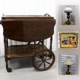 MaxSold Auction: This online auction features Wringer washer, Brass engraving, Antique Puzzle, Flow Blue platter, Eaton Blanket, GE 1/4 HP motor, Tea cart, Reebok shoes, Antique floor sweeper and much more!