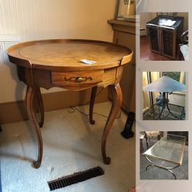 MaxSold Auction: This online auction includes collectibles such as Waterford crystal, sterling silver, fine bone china, furniture such as Wabash dining table and chairs, Baker Furniture end table, Drexel desk, and wrought iron loungers, electronics such as 19” Sharp TV, and Bose radio, art such as oil on canvas, framed photography, and prints, area rug, dishware, glassware, portable massage table, ceramics, office supplies, signed art pottery, garden tools, and much, much more!