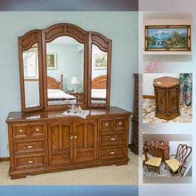 MaxSold Auction: This online auction features FURNITURE: Dining - Viscol china cabinet, table and 8 chairs, kitchen table and 6 chairs; 2 complete bedroom suites - Deilcraft queen four post bed, nightstands, dresser with mirror, highboy chest; vintage Drovin Funriture Ltd. blond wood dresser with mirror, full bed, nightstand; SEVERAL SOFAS - including a Newport Chesterfield 3 piece sectional, loveseat, chairs; 3-PIECES WALL UNIT; mirrored wardrobe. ELECTRONICS: MCM stereo console; Sharp Aquos 32" HDMI and 40" TVs; Playstation 3 system; NUTONE CENTRAL VAC SYSTEM; SINGER AND VINTAGE IMPERIAL SEWING MACHINES and more!  EXERCISE EQUIPMENT: AerobicRider, Tony Little "Gazelle", UltraGear machine, Ab Circle. SALTON BAR FREEZER. YARD AND GARDEN: Lawn mowers, power tools, Homelike XL chain saw; PowerMore snow blower; Thermos propane BBQ and more! VINTAGE: Vinyl kitchen chairs and much more!