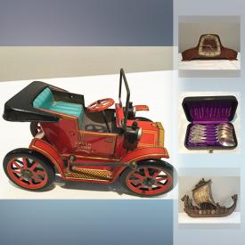 MaxSold Auction: This online auction features Collectible: Vintage toy action lever car, Corgi and Dinkey cars; sports memorabilia; beer and face mugs; John Lennon memorabilia; Lladro figurines; china and glass. Antique: Large fan in custom frame, Chums books, Cuckoo clock, Skeleton keys, copper. Vintage: Toolkit with canvas bag, 1941 ammo box from tail gunner, Solar mantle and 30's 8-day clocks, post cards. Sterling silver and much more!