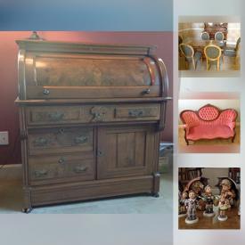 MaxSold Auction: This online auction features furniture such as an antique breakfast hutch, dining table and chairs, brown coffee table, antique round wooden dining table and chairs, bankers green couch, antique record player, pink victorian couch, brown round chair, brown armoire, pink antique chair, filing cabinet, firewood holder, Hummel, silverware, serving items tan dresser and much more!