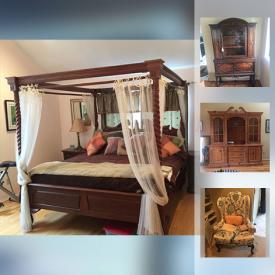 MaxSold Auction: This online auction includes California King four post bed, wooden dressers, bookcases, table lamps, wingback chair, swivel chair, glass top coffee table, and more!