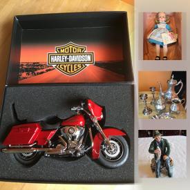 MaxSold Auction: This online auction features Hot Wheels, Silver Plated Vanity Set, Harley Davidson 1:12 scale die-cast motorcycle, Vintage 60's Madame Alexander "Alice in Wonderland" doll, Silver Plate tea service, Royal Doulton Figurines, Vintage Tins, Toby jugs, and much more!