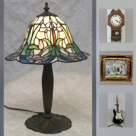 MaxSold Auction: This online auction features carnival glass, stained glass lamps, brass tea pot, Royal Doulton, figurines, stained glass, art, vintage yardstock pencil box, Hollywood Art Deco era foot stool, Minton side plates, etching, glassware, antique metal faceted glass mirror, lamps, oil paintings, globe, vintage pizza serving dishes, Murano glass bowl, diecast metal vehicles, handmade bowls, gingerbread clock, slag glass table lamp, gothic lamp, collectors spoons, amplifiers, acoustic guitar, wine bottle holder, watercolors and much more!