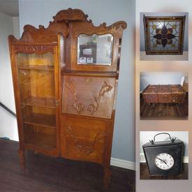 MaxSold Auction: This online auction features antique secretary cabinet, Carter Bros Scoop chair, Vintage trunk with legs, Fenton milk glass hobnail dish, Stained glass, Duncan Phyfe drop leaf table and much more!