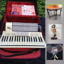 MaxSold Auction: This online auction features coffee maker, Iced Tea Maker, Slap & Chop chopper, Tennis Rackets, Vintage Victorian Phone, Storage Ottoman, Antique Frozen Charlotte Doll, 1976 Bicentennial Flags, Wurlitzer Side Table, Antique Footstool, CR Shabra + Co Accordion 1940s, German Christmas Pyramid, and much more!