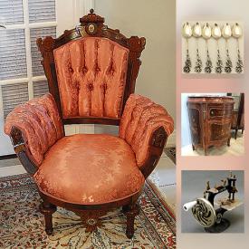 MaxSold Auction: This online auction features FURNITURE: 2 carved oak armchairs with Cameos, 2 French style commodes with inlaid wood, 2 French Empire style marble top commodes with ormulu accents, 2 hand-painted marble top ormulu accent commodes; marble top sideboard and more! ANTIQUE: Scale, brass hunting horn. STERLING SILVER: Knives; Swedish knife and fork, spoons, serving pieces; picture frames. CHINA: Tea sets, bowl sets, dessert sets, Royal Albert "Petit Point" plates and "Kentish Rockery" tea, dessert and plates set; tea cup sets. GLASS: Cranberry beverage set, cut glass pedestal bowl, art glass vase. MOORCROFT LAMPS; Italian porcelain pedestals; silk and wool area rugs. VINTAGE: Electric fan; eye glasses; cameras; irons. COLLECTIBLE: Cookie jars; pin cushions; coins; old Japanese postcards. Silver plate. European 20th c oil painting by HV Gissel and much more!