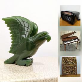 MaxSold Auction: This online auction features ANTIQUE: Chintz vase; slag glass lamp, oak frames, oil lamp, books, postcards, bronze planters and more! VINTAGE: Waterfall style cabinets; 30's metal lamp; MANY 50'S LADIES GLOVES; MC kitchen; '47 RCA Bakelite radio and more! COLLECTIBLE: Thimbles; brass; Delft; signed pottery; Avon ducks; jade figures. GLASS: BLUE HAZEL ATLAS AND MILK GLASS; green Bohemian; amethyst and amber enamelled; paperweights; blue art; chandelier crystals; Tiffany style lotus shades; MCM bottle. ART: Antique; prints; Eastern; needlework; Oskar Kollar watercolour print; original; masks. JEWELLERY: Designer costume, sterling. rhinestone. Period costumes and much more!