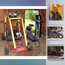 MaxSold Auction: This online auction features COLLECTIBLE: Trains in basement - LGB, Marx, Bachman; remote control trucks. YARD AND GARDEN: TORO zero radius riding mower, Craftsman riding mower, Yard trailer; Murray 22" lawn mower; yard tools; concrete planters - many with live plants; flower cart and more! SHOP TOOLS: Several compressors - Craftsman, Wayne , Airstream to name a few; Ryobi and Craftsman table saws, Reliant drill press, Rigid chop saw, Grizzley band saw, wet tile saw and more! Sump pumps; ladders; hand tools/boxes. ELECTRONICS: Westinghouse 49" flatscreen TV, Pioneer Blu Ray & DVD player; many stereo components; GAMING - XBOX, XBOX 360, PSP, Nintendo DS; Janome Jem gold 660 sewing machine; AC units. RECREATIONAL: Electric SKEE BALL MACHINE, pinball machine. EXERCISE EQUIPMENT: Proform 660 treadmill, Life Fitness exercise bike. SPORTING GOODS: Skates; bikes; SKD golf travel bag; hockey/lacross/fishing; gas go cart, Sola Electric scooter and more! FURNITURE: Williams Somoma bar stools; Butcher block table top; wood filing cabinets; storage cabinet; many single chairs, upholstered arm chairs and more! RUSTIC: Chicken coop, wooden wire spool, metal signs, cast iron tub, vintage apple picking ladder. MUSICAL INSTRUMENTS: Guitars - Yamaha jr FG, FG 110, Gibson accoustic; Yamaha electric guitar. Needlepoint bell pull. VINTAGE: Baby, toddler, girls clothes. SILVER PLATE PUNCH BOWL SET. Weighted sterling and Tiffany candle sticks. CHINA: Tiffany/Wedgwood/Spode "Pigeon Berry" dishes and much more!