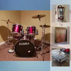 MaxSold Auction: This online auction includes 9 piece Tama drum set, Ethan Allen wall unit, glass top coffee tables, lighted curio cabinet, dinette set and more!