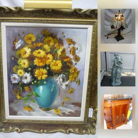 MaxSold Auction: This online auction features Vintage Goebel Hummel Figurines , Mother of pearl inlaid Oriental Wooden Vase Stand, Signed Robert Bateman Ducks Unlimited Framed Print - "Water's Edge - Wolves", Antique Japanese Porcelain Head Doll, Carpet, wheeled Drinks Cart, 55" LG TV, Swarovski earrings, Tiffany Style Table Lamp and much more!