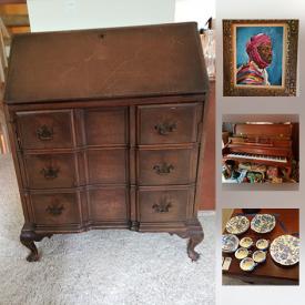 MaxSold Auction: This online auction features Piano, Mirror, Mini Refrigerator, Trundle Bed, Ikea Billy bookcase, Art, Secretary, Chairs, Cast iron ice pincers, Johnson Bros china set, and much more!