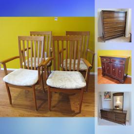 MaxSold Auction: This online auction features teak furniture, upholstered chairs, chimes, cedar chest, executive desk, office chair, loveseat rocker, lucite rolling cart, captains chairs, buffet and much more!