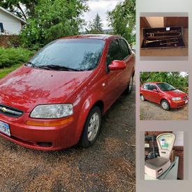 MaxSold Auction: This online auction features a 2005 4-door Chevy Aveo. FURNITURE: Twin bunk bed frames, Futon with metal frame, vintage 3-drawer dresser. HAMILTON DRAFTING TABLE. CHINA: 111 pieces Wedgwood "English Harvest." GLASS: Noritake pink stemware, Libby metallic silver frosted tumblers, Avon RED/blue/green glass; vintage Pyrex. ELECTRONICS: Sega Genesis, Phillips 20" and 14" TV's. SPORTING GOODS: Fishing gear; Women's Timberline bicycle; camping gear. HOBBY: Aquarium with supplies. Animal cages and supplies. COLLECTIBLE: POTTERY/ceramics; eggs/elephants/birds; salt and pepper shakers; brass; KEWPIE DOLLS; vintage handkerchiefs; MC serving pieces. Musical instruments: ALTO SAX, TROMBONE in case and much more!