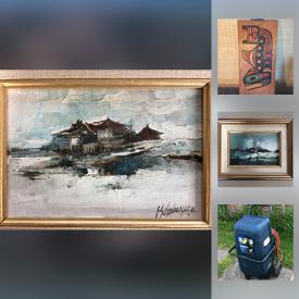 MaxSold Auction: This online auction features Oil on Board Signed V. Treciokas Ottawa 1980, Concertina Squeeze Box, Fred Schonberger Original Oil Painting, Mid Century Fibreglass Dining ChairsWoods Company Adirondack Chairs, 1979 Brilliant Uncirculated Double Dollar Set, Signed Etching, Mastercraft Air Compressor, Vintage Pot From Chile, Vintage Red Cola Cooler, and much more!