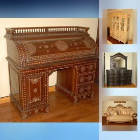 MaxSold Auction: This online auction features FURNITURE: ANTIQUE HALL TREE; VINTAGE ORNATE ROLL TOP DESK INLAID WITH MOTHER-OF-PEARL; Modern end tables, red sofa/loveseat and armchair; 2 dining tables, chairs - the formal set also has a china hutch; 2 bedroom suites; tile top metal patio table and chairs; cast iron Bistro set; Howard Miller pedestal clock. TOOLS: RIDGID RADIAL ARM SAW, BOSCH reciprocating saw, MasterCut 7" tile saw and more! ConcertMate 980 keyboard. Digisonic stereo system. Lustreware tea set. Gold rimmed stemware. COLLECTIBLE: Trinket boxes; Star Wars; Sports memorabilia; action figures and much more!