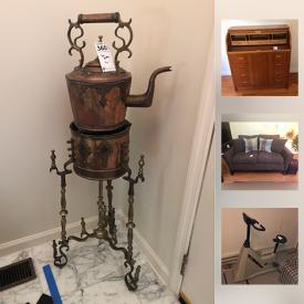 MaxSold Auction: This online auction features glass coffee tables, a Moroccan tea kettle, entertainment center, glass water fountain, floor rugs, Bonsai tree, wooden Costa Rican service cart, Keurig Coffee Machine, 54" Samsung TV, Bose surround sound system, Exercise bikes, wall art, decor and much more!