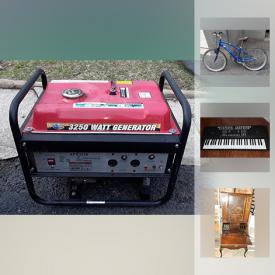 MaxSold Auction: This auction features Razor Drifter ride on go kart, Craftsman lawnmower grey, Murray push lawnmower red, 3250 watt generator, 13ft black trampoline , Antique Tool Box, humidor, Antique Secretary Desk, blue Kent bicycle, youth golf clubs, golf balls, and much more!