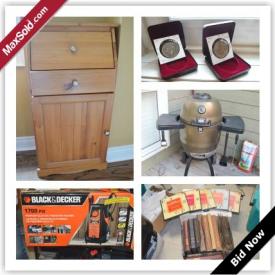 MaxSold Auction: This auction features Sport cards, Coins, Original Artwork, Dining Chairs, Trendline Chairs, Signed Fantoni Vase, Dining Room Buffet & Hutch, Small Pine Secretary Desk, Children Toys, Perfume Bottles, Pressure Washer, Generator, records, Appliances, Tools, Ladders, Outdoor Fire Pit, Broil King Keg BBQ, Honda Mower and much much more!