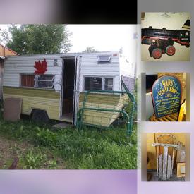 MaxSold Auction: This online auction features a 1977 Prowler RV Trailer. Kenmore window AC. Ducks Unlimited boxed set of glasses plus suitcase. VINTAGE: China cabinet, chairs including barber chairs; Simpson Sear race cars with track, power supply and older train cars; fishing gear, snowshows. COLLECTIBLE: Elephants, owls; brass/copper/silver plate. ANTIQUE: Tricycle, scooter, cultivlator, grinder and more! LAWN AND GARDEN: Metal arch, decor and much more!